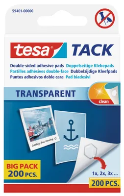 Produktbild von tesa® 59401-00000-01 Tack® Klebestücke - 200 Stück, 10 x 10 mm, transparent, ablösbar