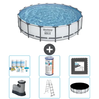 Produktbild von Bestway Round Steel Pro MAX Schwimmbad – 549 x 122 cm – Grau – inklusive Pumpe – Leiter – Abdeckung Wartungspaket - Filter - Bodenfliesen