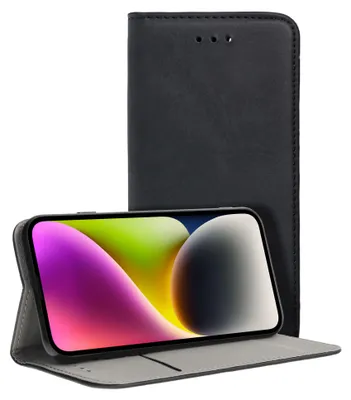 A black flip case for a smartphone, shown open with the phone displaying a colorful wallpaper.