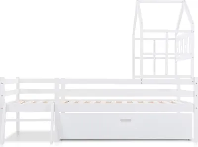 Produktbild von Montessori Kinderhausbett mit Leiter und Schubladen, stabil aus Massivholz, inklusive Lattenrost und Fallschutz, weiß, 90x200 cm (ohne Matratze)