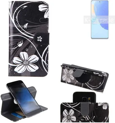 Produktbild von K-S-Trade Schutzhülle Handyhülle kompatibel mit Huawei nova 9 SE Hülle 360° Wallet Case ''Flowers'' Klapphülle Hülle schwarz-weiß 1x