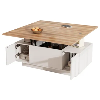 Produktbild von STILVORA Couchtisch anhebbarer Beistelltisch mit verstecktem Stauraum,Multifunktions-Wohnzimmertisch mit Doppel-Hebemechanismus,Weiß + Holzfarbe