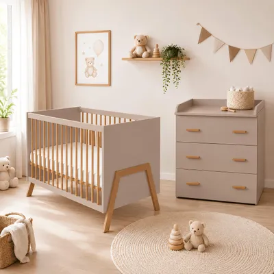 Produktbild von Babyzimmer Babybett Kinderbett Wickelkommode Juna umbaubar Schutzgitter Kaschmir-Beige mit Matratze