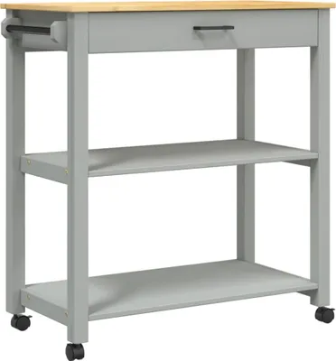A grey kitchen cart with a wooden top and two shelves, shown against a white background.