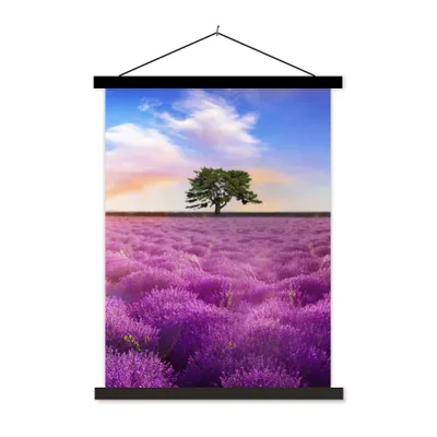 Produktbild von MuchoWow® Textilposter Lavendel - Baum - Sonnenuntergang - Lila 90x120 cm mit schwarzem Rahmen - Dekoration