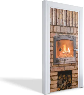 Produktbild von Türdeko Aufkleber Selbstklebende Wandsticker Personalisiert - Kamin mit Holz - 95 x 205 cm