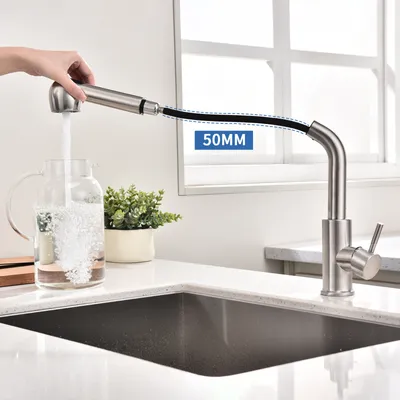 Produktbild von Homelody Küchenarmatur, Gebürsteter Edelstahl, ausziehbar mit 2 Strahlarten & Brausefunktion, 360° drehbar. Für Einzel- & Doppelspülbecken. Maße: Höhe 330mm, Ausladung 272mm, Einbaudurchmesser 35mm, max. Tischstärke 40mm. Einfache DIY-Montage, langlebig.