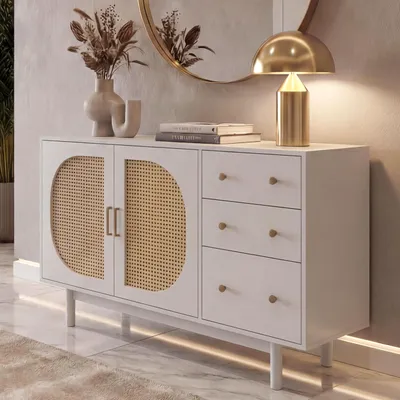 Zdjęcie produktu dla Kredens HWC-P52, szafka komoda, wysoka szafka, szuflady, schowki, polirattan MDF melamina 80x120x40cm ~ biały