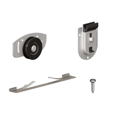 A set of sliding door hardware components, including rollers, brackets, and a screw, arranged on a white background.
