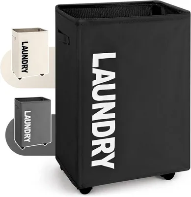 Image de Panier à linge pliable avec roulettes - 63L - Convient pour les vêtements et les jouets - Noir