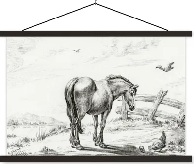 Produktbild von MuchoWow® Textilposter Stehendes Pferd mit Henne und Küken - Gemälde von Jean Bernard 150x100 cm mit schwarzem Rahmen - Schlafzimmer