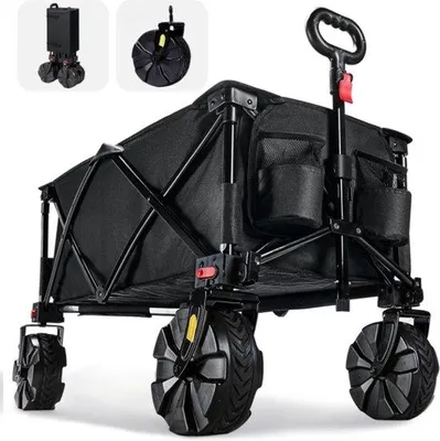 Immagine prodotto di Carrello da spiaggia e da campeggio pieghevole - 83x40x30 cm - 99 L - Portata 102 kg - Ruote a larghezza regolabile per tutti i terreni - Carrello con manico regolabile e telaio robusto - Carrello da spiaggia e da campeggio pieghevole e trasportabile - Nero