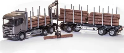 Zdjęcie produktu dla Emek 71603 Scania R450 6x4 transporter drewna szary z żurawiem kabinowym i przyczepą