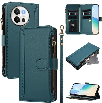 Obrázek produktu pro Pouzdro pro Vivo V40 Lite/V30E, zipem, peněženkovéPolyuretankožené flip pouzdro s kapsami na karty, stojánkem a poutkem na ruku zelený