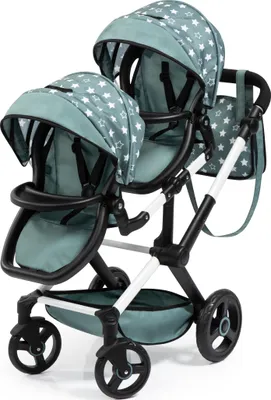Produktbild von Bayer Design 26758AA Kočík pre bábiky Xeo Twin, súrodenecký kočík, nastaviteľná výška, taška, zelená, hviezdičky