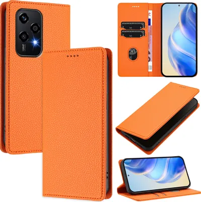 Immagine prodotto di Custodia in pelle per Honor 200 Lite, pelle Litschi, custodia a portafoglio con slot per carte e supporto Arancione