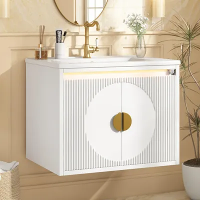 Produktbild von Merax Waschbeckenunterschrank mit LED-Radarsensor, Badezimmerschrank mit Keramikwaschbecken, geriffelten Doppeltüren, Soft-Close, Türablagen, Weiß