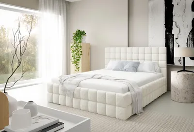 Image de Lit rembourré ARDELLO avec coffre de rangement | Lit 180 x 200 | Lit double avec espace de rangement et sommier à lattes | Style lit à ressorts | Sans matelas | Chambre à coucher - Crème