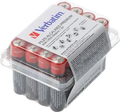 A package of Verbatim AAA alkaline batteries.