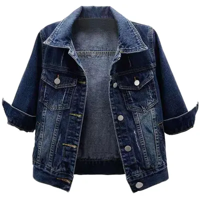 Produktbild von Locachy Damen 3/4-Ärmel kurze Jeansjacke mit Knopfleiste, Dunkelblau, Large