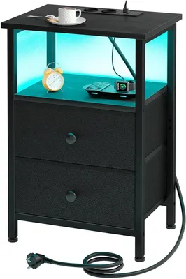 Produktbild von Nachttisch mit LED-Beleuchtung – Beistelltisch mit Ladestation – Schlafzimmerorganisation – Integrierte Ladeanschlüsse – 40x30x60 cm – Schwarz