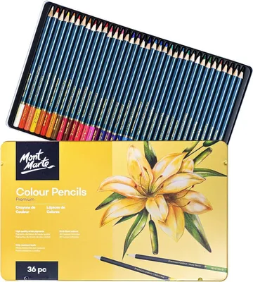 Produktbild von Mont Marte Buntstifte PREMIUM Set, 36 x Künstlerbuntstifte, leuchtende Farben & Metalldose, mit praktischem Etui,ideale Buntstifte zum bunten Zeichnen