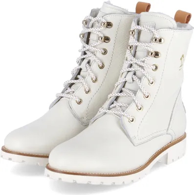 A pair of white lace-up boots.