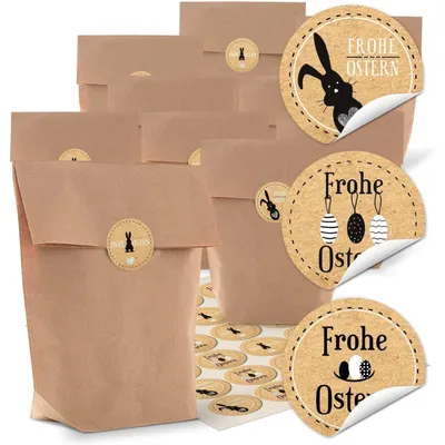 Produktbild von 24 kleine braune Ostertüten Geschenktüten 16,5 x 26 x 6,6 cm + 24 schwarz gelb Kraftpapier FROHE OSTERN OSTERHASE Osteraufkleber 5 x 14,8 cm Geschenk Verpackung give-away Mitgebsel TütenOstermotive Braun, Schwarz