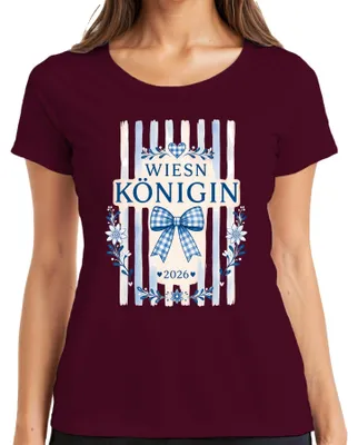Productafbeelding van Wiesn Königin 2026, sjaal met bloemenprint, traditionele kleding, volksfeest, lederen broek, dames T-shirt, bordeauxrood, maat S