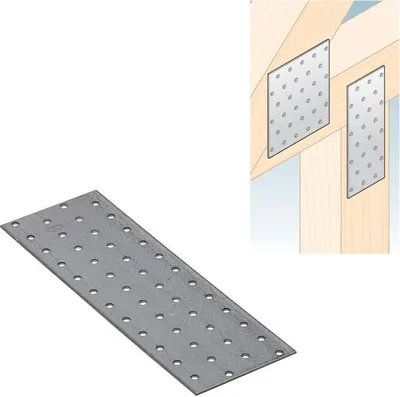 A flat metal plate with many holes, shown in isolation and also attached to wooden beams in an illustration.