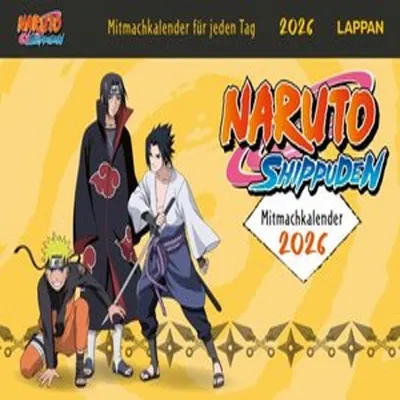 Characters from Naruto Shippuden are depicted in a promotional image for a 2026 calendar.
