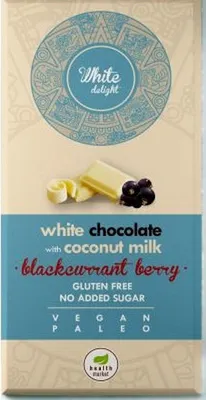 Produktbild von White Delight Tafel Weiße Schokolade mit Schwarze Johannisbeeren / Vegan / ohne Zuckerzusatz /glutenfrei / Keto / paleo