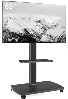 Productafbeelding van Standaard oprolbaar met houten plank - Tv - Televisiestandaard op wielen voor 32-65 inch televisie - Vloerstandaard in hoogte verstelbaar