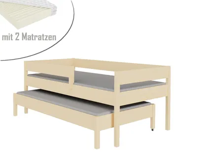 Produktbild von Ausziehbett 180x80 Kinderbett mit Rausfallschutz & Lattenrost naturbelassen 80 x 180 für Mädchen und Jungen Massivholz Kiefer und MDF Möbelplatte, mit Matratzen