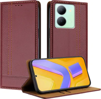 Produktbild von Handyhülle für Vivo Y27 5G Leder Flip Klappbare Schutzhülle mit Standfunktion Dunkelrot
