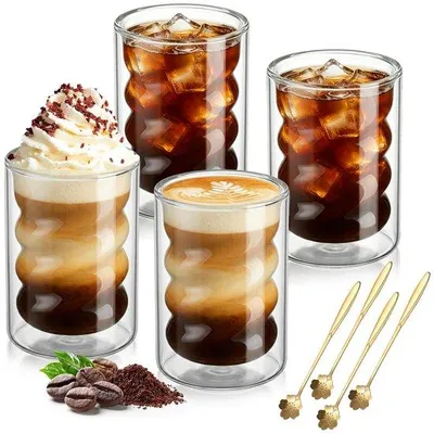 Obrázek produktu pro Sklenice na latte macchiato, objem 350 ml - Dvojitá stěna - Sklenice z borosilikátového skla - Obsahuje 4 lžičky - Vhodné pro teplé i studené nápoje - Robustní a odolné