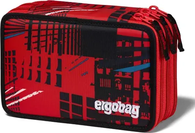 A red pencil case with a graphic design.