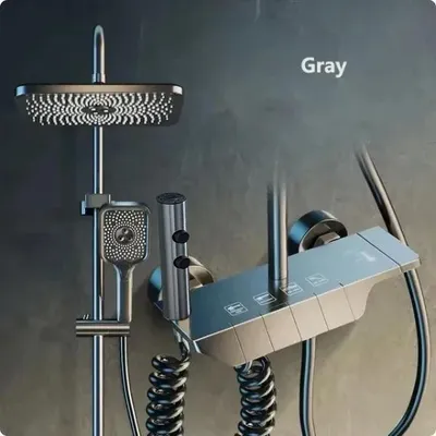 Produktbild von Thermostatische Duscharmatur - Duschset - Mischbatterie aus Messing - Wandmontage - Höhenverstellbar - Grau ohne Display