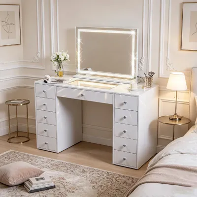 Obrázok produktu pre VANITII Toaletný stolík s diamantovým LED zrkadlom a LED osvetlením dosky stola, elegantný moderný dizajn, biela farba
