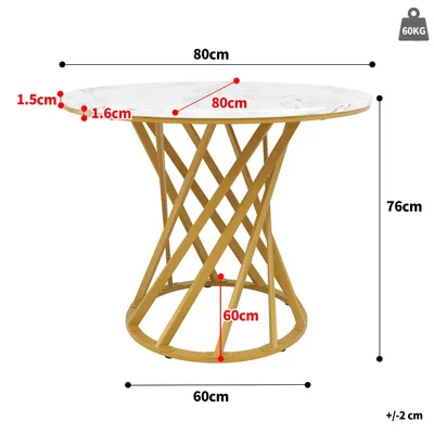Image de Table ronde - Table de cuisine - 80 x 80 x 76 cm - Pour 4 personnes - Plateau en MDF imitation marbre - Pieds en métal - Couleur : Or