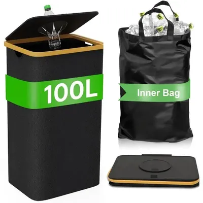 Produktbild von Küchen-Mülleimer - Faltbarer Recyclingbehälter 100 L - Holz - Rechteckig - Rolldeckel - 1 Innenbeutel - Flaschensammler