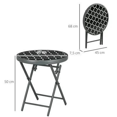 A round, folding table with dimensions shown.