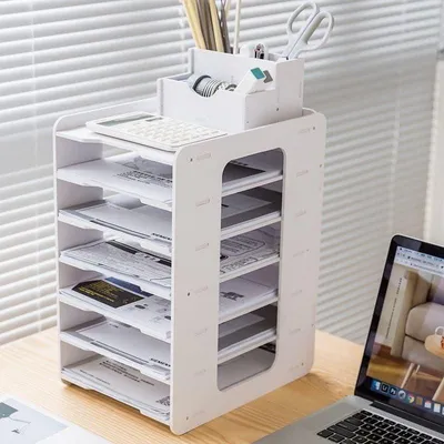 Obrázek produktu pro Omgoods - Stolní organizér na dokumenty se 7 přihrádkami - Stohovatelný držák dokumentů pro domácnost i kancelář