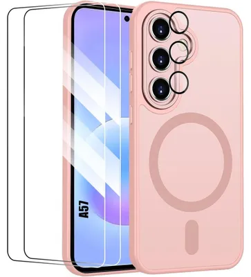 Image de Coque + 2 Verres Trempés pour Samsung Galaxy A57 5G, avec Cercle Magnétique et Vitre Caméra - Rose