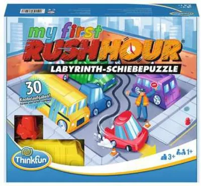 The image shows the box of a children's board game, "My First Rush Hour", with colorful cars and a character on a street scene.