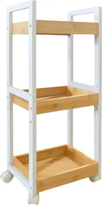 Immagine prodotto di Carrello Relaxdays, 3 scomparti, bambù, L x P x A: 80x30x20 cm, bagno e cucina, MDF, carrello da nicchia stretto, trolley, naturale/bianco