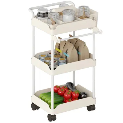 Produktbild von Multifunktionaler Servierwagen – Küchenwagen – Aufbewahrungswagen – Dreistöckiges Rollregal – Mit Korb und Handtuchhalter – 42,5 x 42 x 76 cm – Weiß
