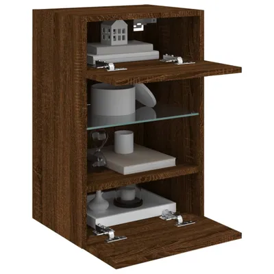 A brown wooden cabinet with open doors, displaying decorative items on its shelves.
