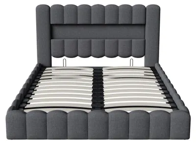 Image de Lit avec sommier tapissier 180x200 cm - Lit rembourré avec coffre de rangement - Système de levage hydraulique - Éclairage LED - Revêtement en velours - Gris
