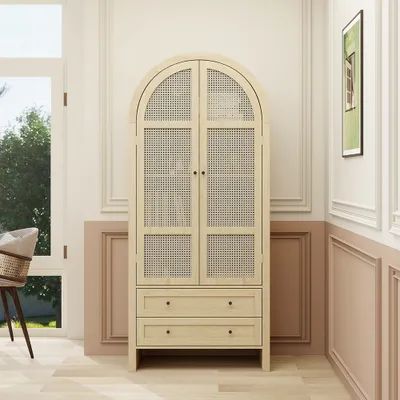 Immagine prodotto di Armadio Sweiko con ante in rattan intrecciato e due cassetti, 79 × 39,5 × 178 cm